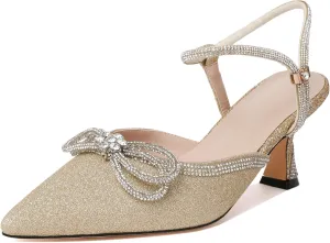 Joseywade Rhinestone Bow Heels Women Pointed Toe Low Heel Pumps Adjustable Ankle Strap Wedding Bridal Party Shoes