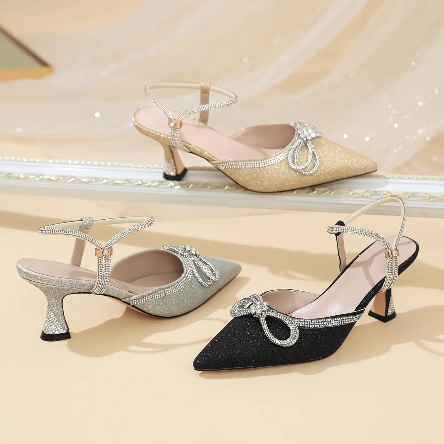 Joseywade Rhinestone Bow Heels Women Pointed Toe Low Heel Pumps Adjustable Ankle Strap Wedding Bridal Party Shoes