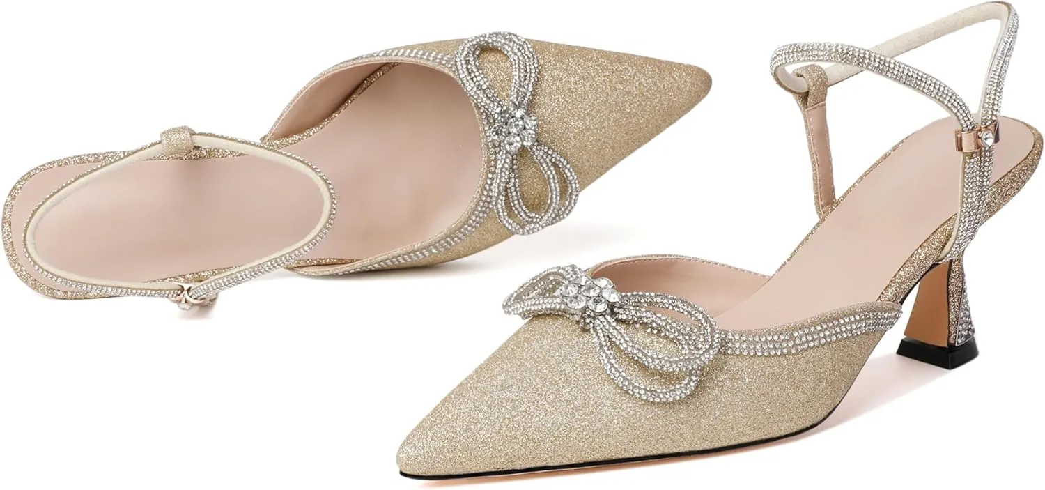 Joseywade Rhinestone Bow Heels Women Pointed Toe Low Heel Pumps Adjustable Ankle Strap Wedding Bridal Party Shoes