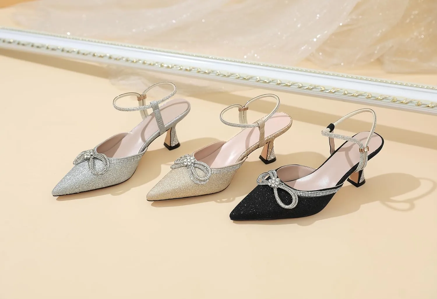 Joseywade Rhinestone Bow Heels Women Pointed Toe Low Heel Pumps Adjustable Ankle Strap Wedding Bridal Party Shoes