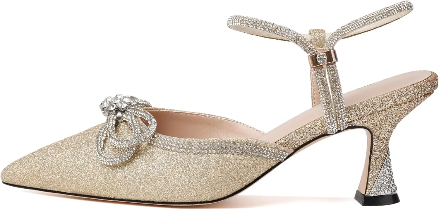 Joseywade Rhinestone Bow Heels Women Pointed Toe Low Heel Pumps Adjustable Ankle Strap Wedding Bridal Party Shoes