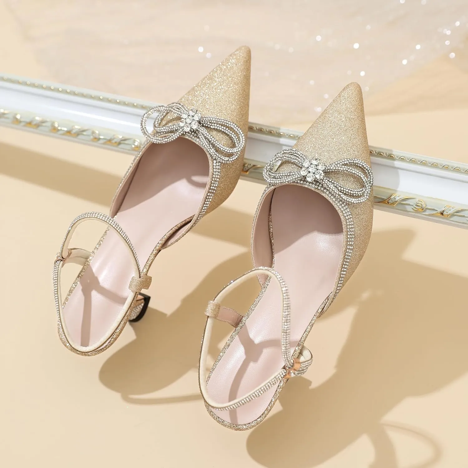 Joseywade Rhinestone Bow Heels Women Pointed Toe Low Heel Pumps Adjustable Ankle Strap Wedding Bridal Party Shoes