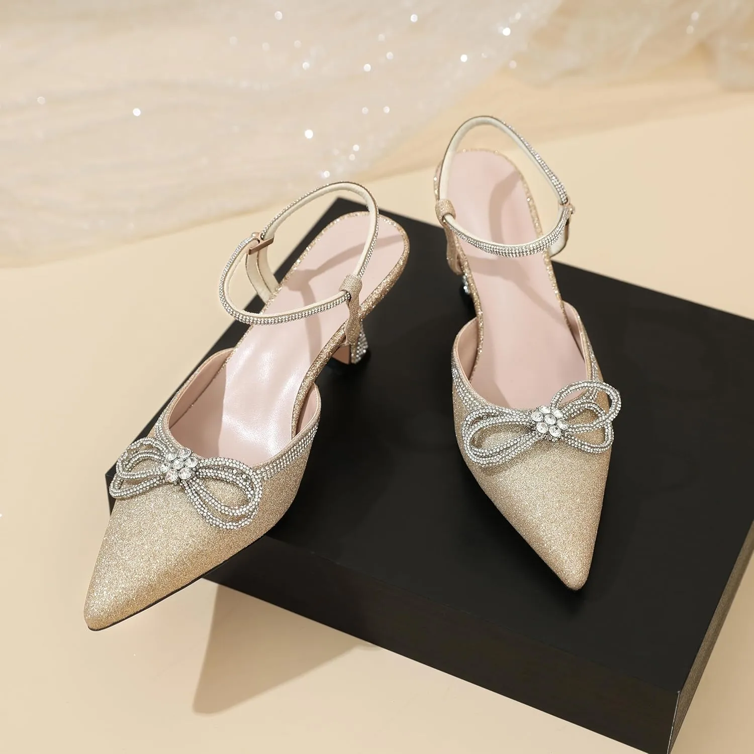 Joseywade Rhinestone Bow Heels Women Pointed Toe Low Heel Pumps Adjustable Ankle Strap Wedding Bridal Party Shoes