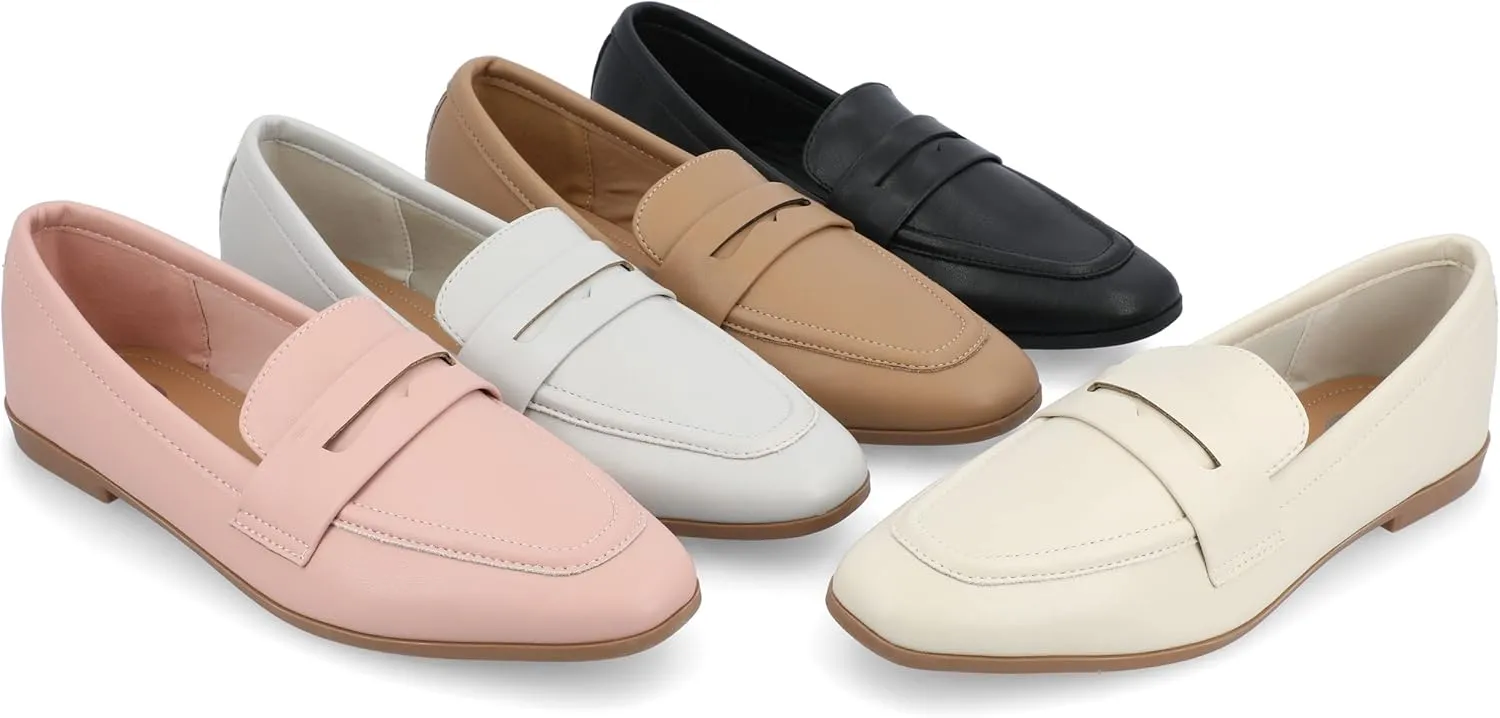 Journee Collection Womens Myeesha Penny Loafer Flat Slip On Square Toe Block Heel Leather Dress Shoe