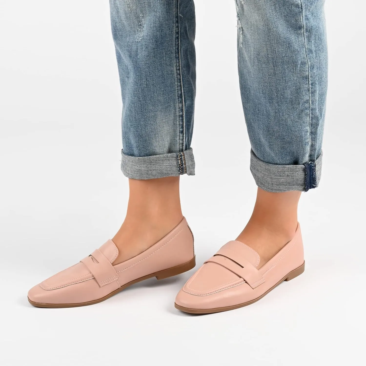 Journee Collection Womens Myeesha Penny Loafer Flat Slip On Square Toe Block Heel Leather Dress Shoe
