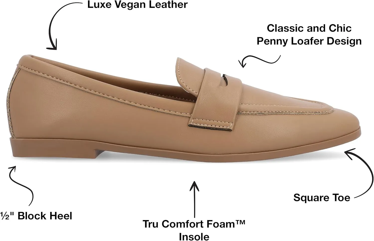 Journee Collection Womens Myeesha Penny Loafer Flat Slip On Square Toe Block Heel Leather Dress Shoe