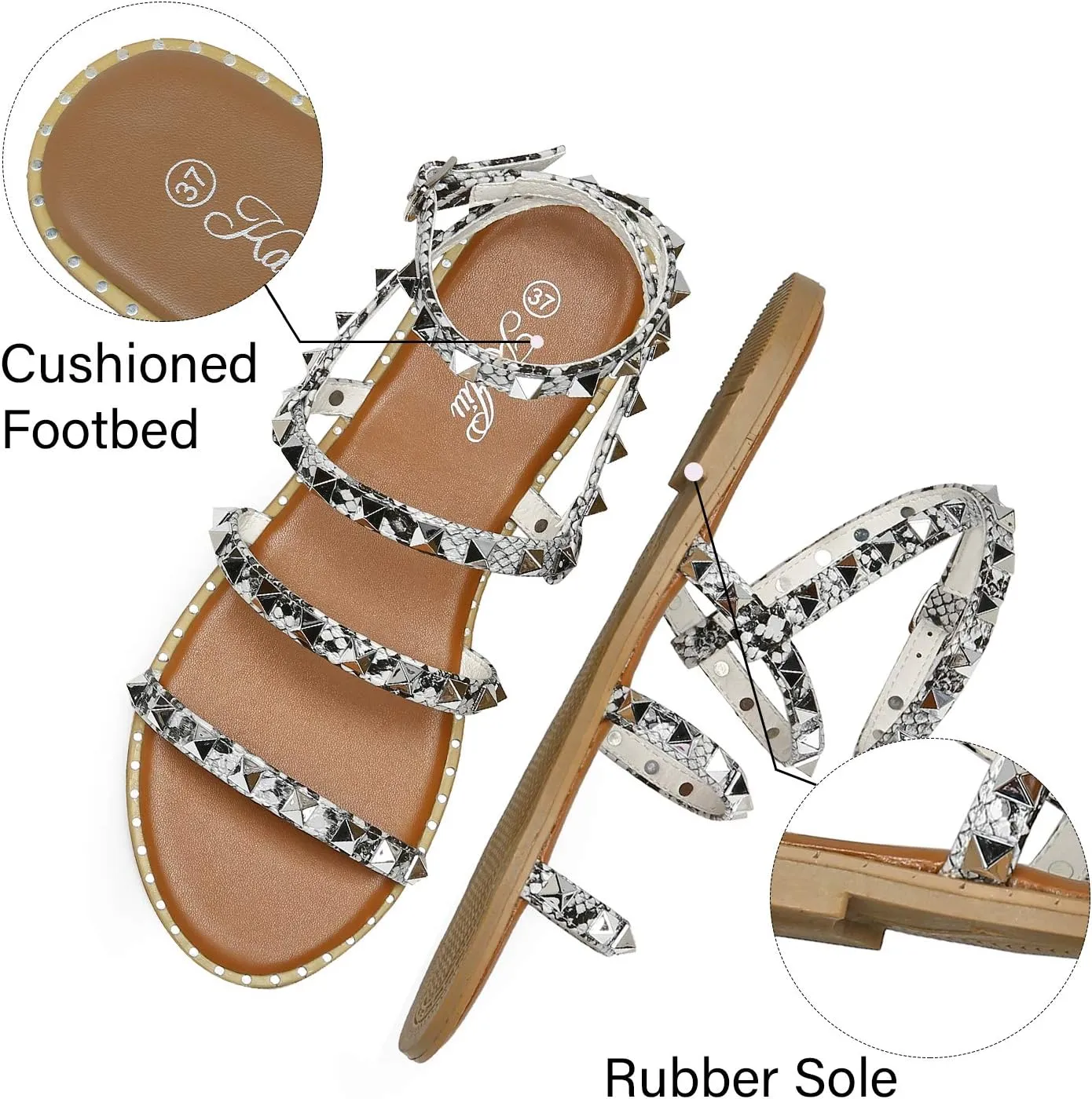 katliu Women's Flat Sandals Strappy Studded Sandals Gladiator Sandals with Ankle Strap