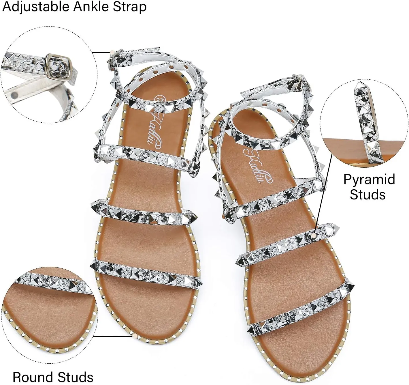 katliu Women's Flat Sandals Strappy Studded Sandals Gladiator Sandals with Ankle Strap