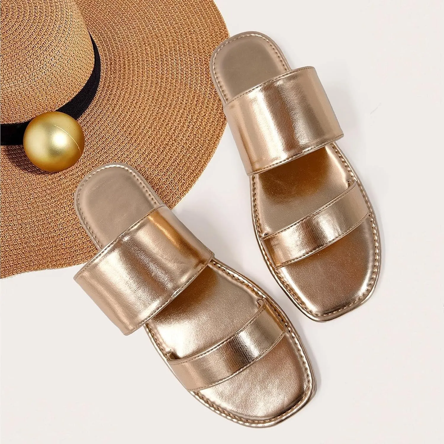 katliu Women's Flat Sandals Two Strap Slide Sandals Open Toe
