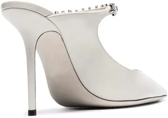 keleimusi Women's Heeled Mules Rhinestone Strap Pointed Toe Heeled Sandals High Heels Slip On Fashion Dress Bridal Mules Shoes For Women