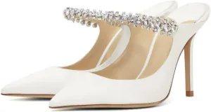 keleimusi Women's Heeled Mules Rhinestone Strap Pointed Toe Heeled Sandals High Heels Slip On Fashion Dress Bridal Mules Shoes For Women