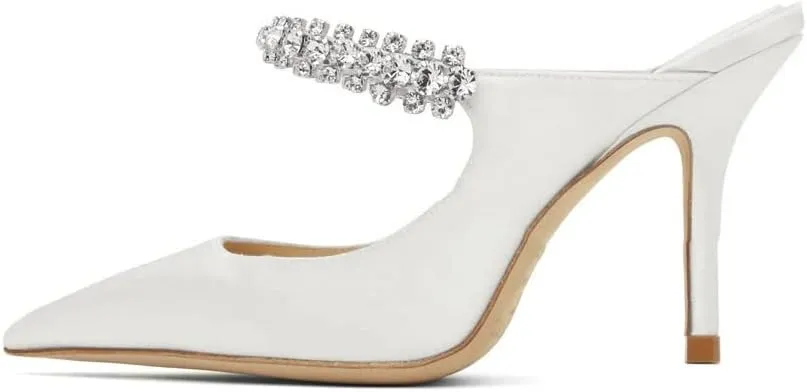 keleimusi Women's Heeled Mules Rhinestone Strap Pointed Toe Heeled Sandals High Heels Slip On Fashion Dress Bridal Mules Shoes For Women