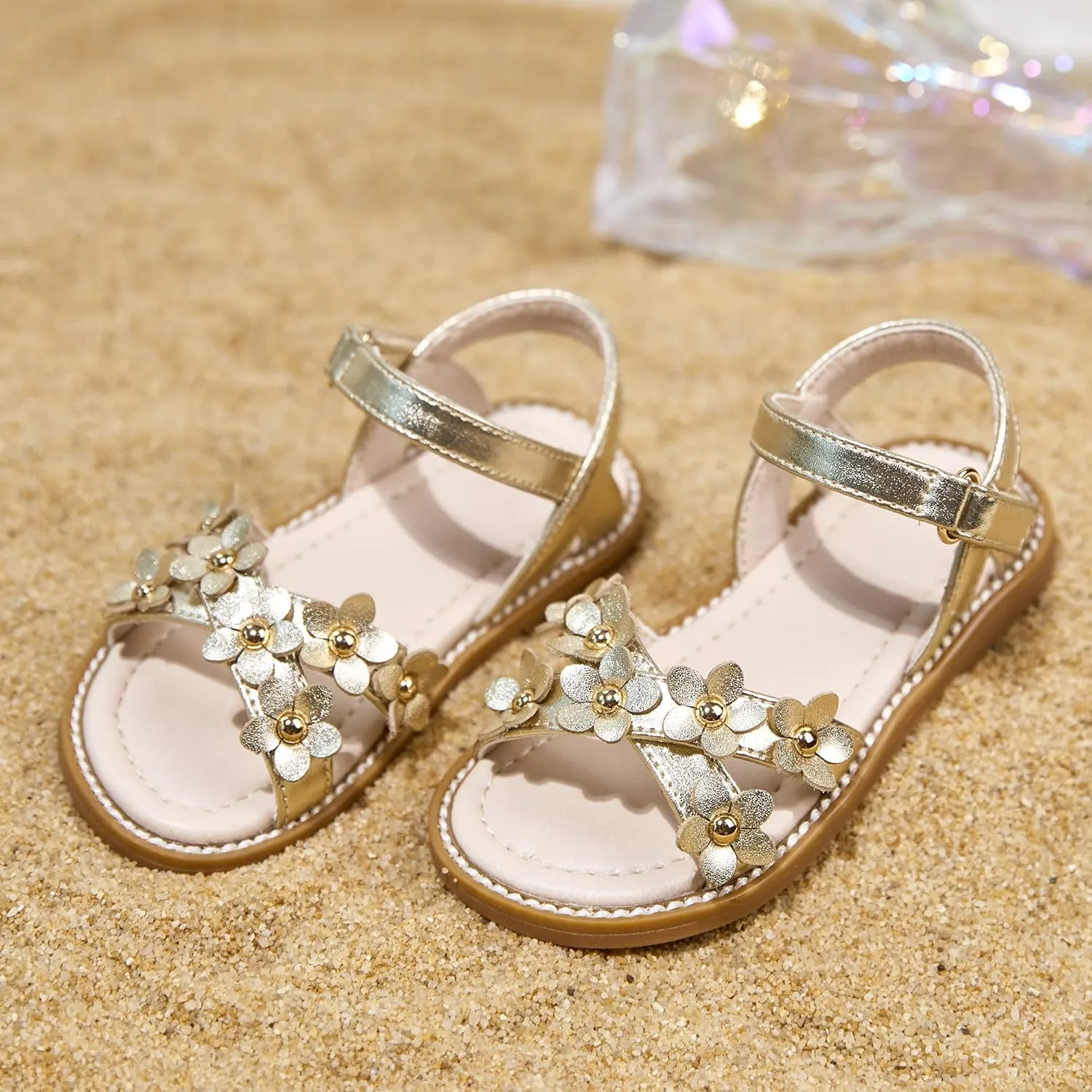 Kiderence Toddler Girls Pink Floral Sandals - Girls' Casual Flat Sandals with Ankle Strap