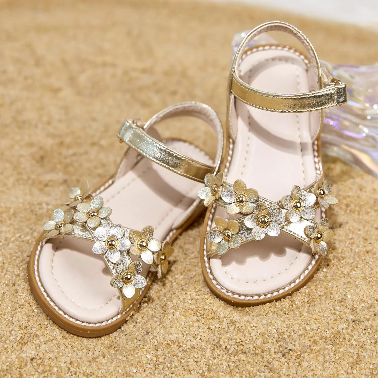 Kiderence Toddler Girls Pink Floral Sandals - Girls' Casual Flat Sandals with Ankle Strap