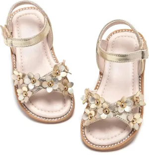 Kiderence Toddler Girls Pink Floral Sandals - Girls' Casual Flat Sandals with Ankle Strap