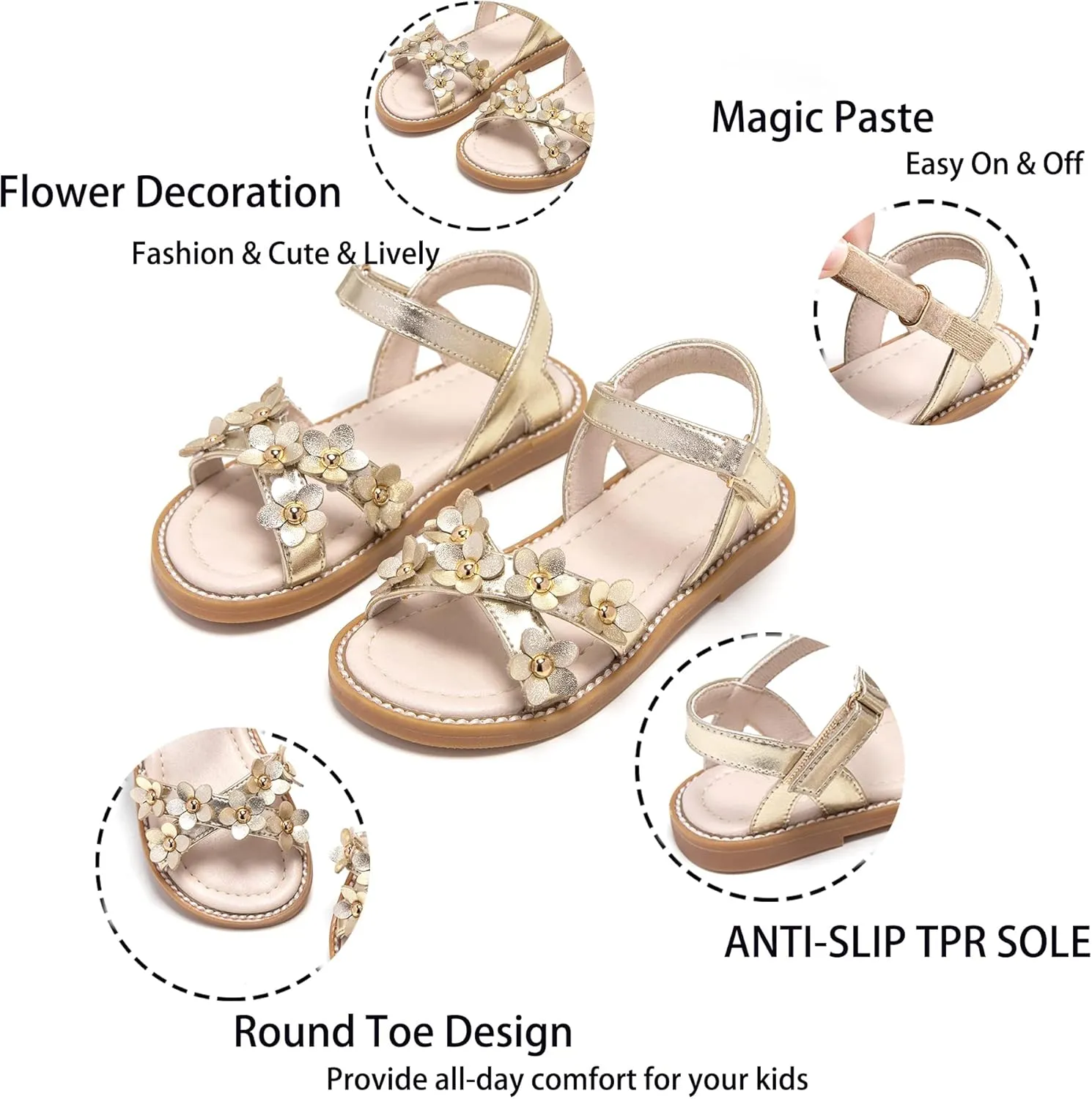 Kiderence Toddler Girls Pink Floral Sandals - Girls' Casual Flat Sandals with Ankle Strap
