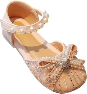 Kids Girls Beaded Strap Sandals Low Heel Closed Toe Pearl Glitter Shoes Toddler Baby Ankle Wedding Formal Shoes