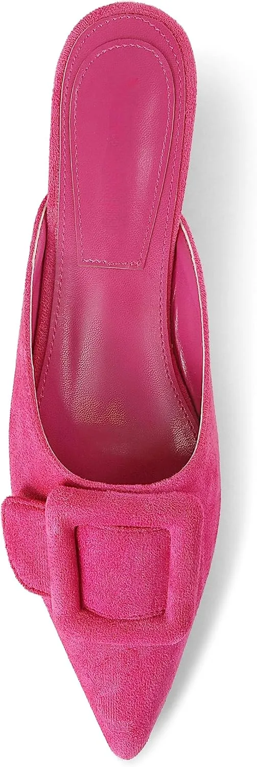Kitten Heel Mules Sandals for Women Pointed Toe Square Buckle Backless Slip on Suede Stiletto Dress Heeled Sandals Wedding Party Shoes