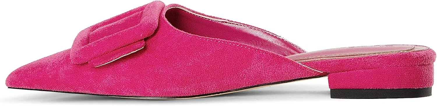 Kitten Heel Mules Sandals for Women Pointed Toe Square Buckle Backless Slip on Suede Stiletto Dress Heeled Sandals Wedding Party Shoes