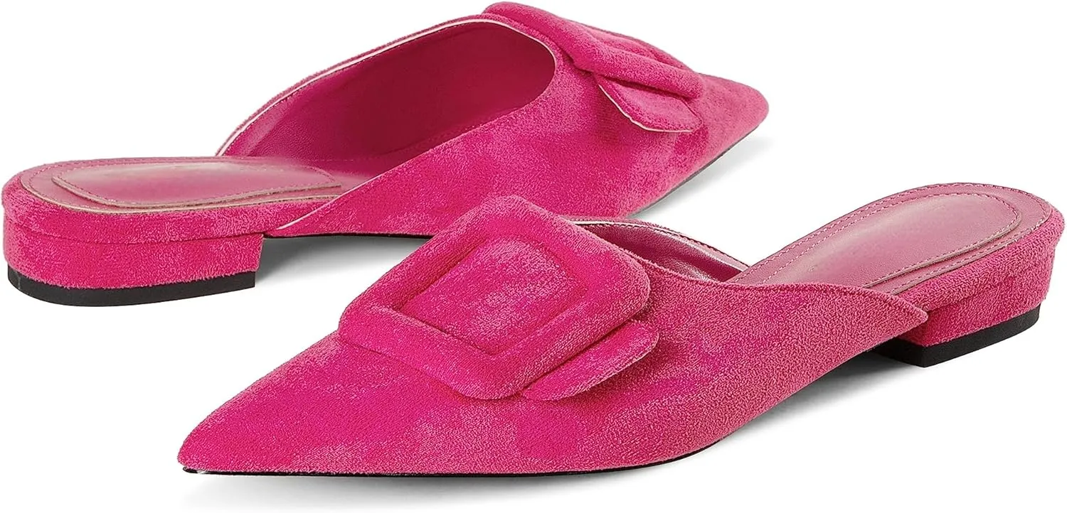 Kitten Heel Mules Sandals for Women Pointed Toe Square Buckle Backless Slip on Suede Stiletto Dress Heeled Sandals Wedding Party Shoes