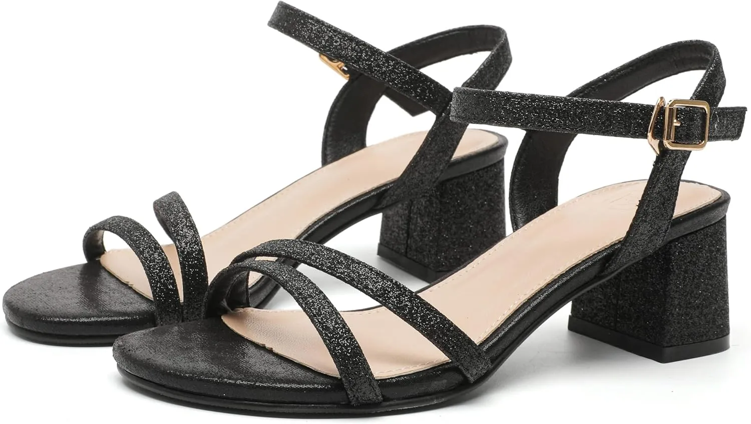 kkdom Women's Open Toe Ankle Strap Glitter Sandals Pumps Low Block Chunky Heels Wedding Dress Shoes