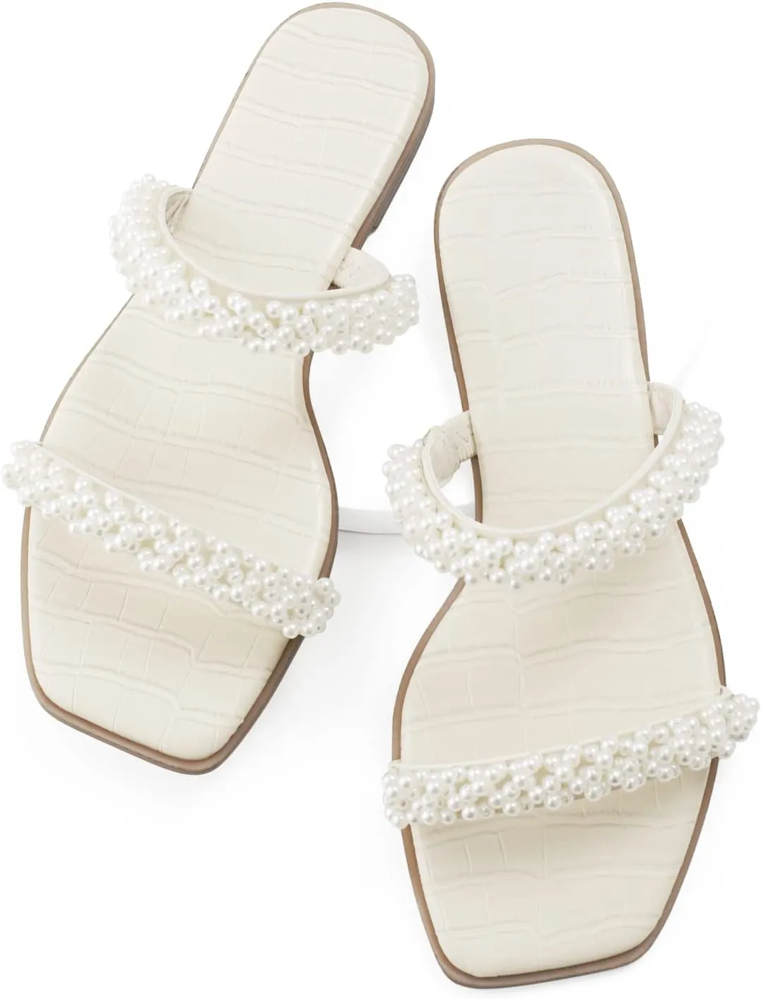 LACUONE Pearl Strap Flat Sandals For Women Slip On Square Open Toe Slides Sandals