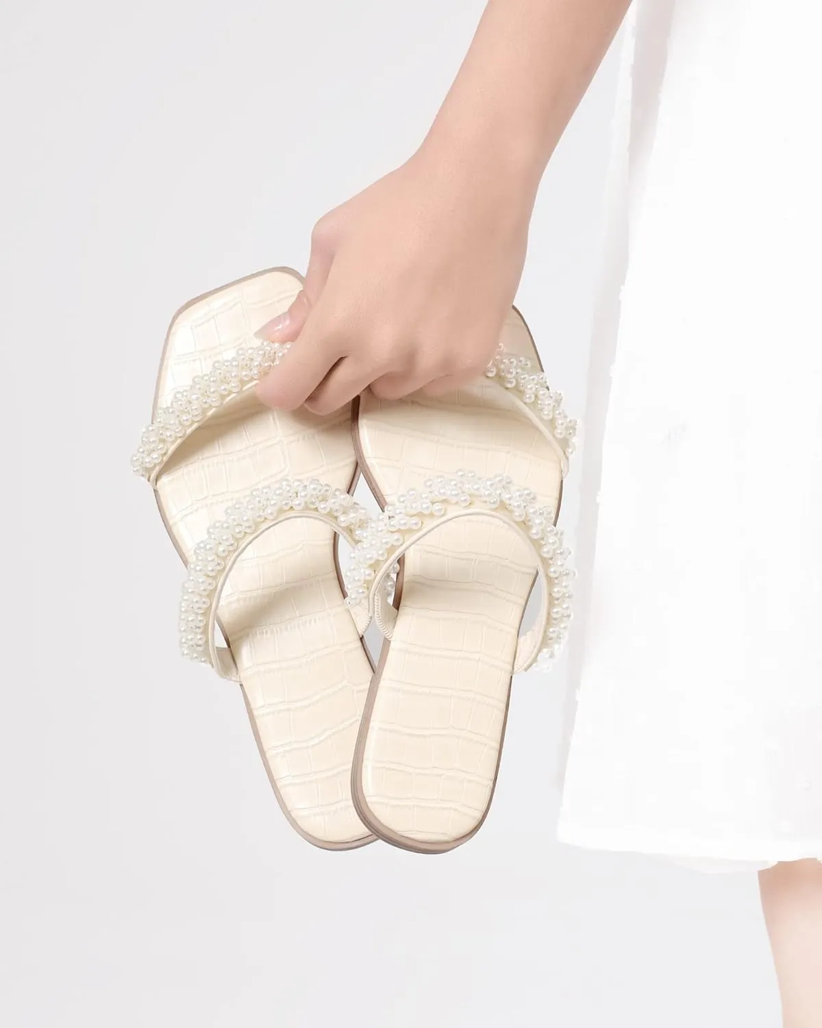 LACUONE Pearl Strap Flat Sandals For Women Slip On Square Open Toe Slides Sandals
