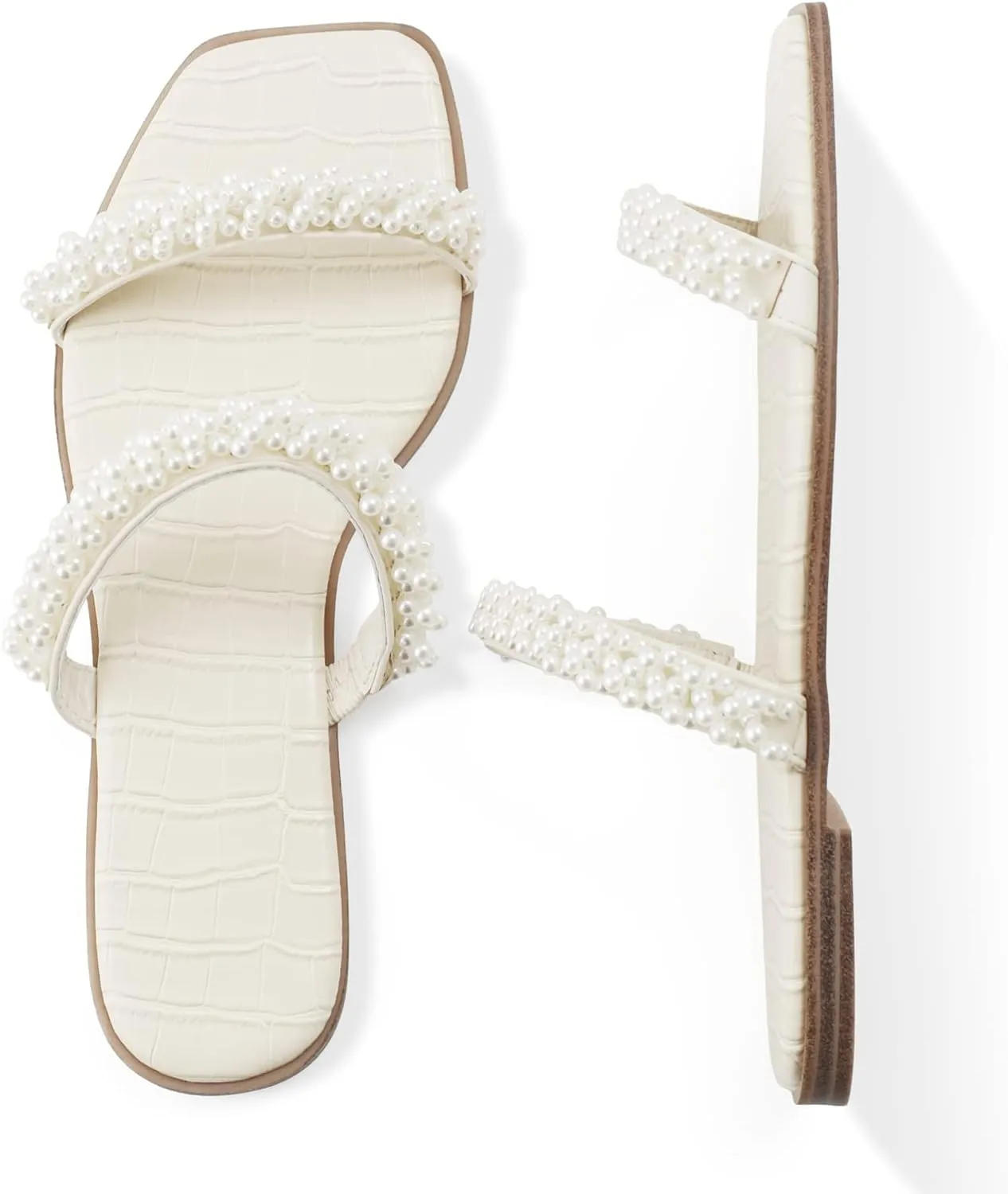 LACUONE Pearl Strap Flat Sandals For Women Slip On Square Open Toe Slides Sandals