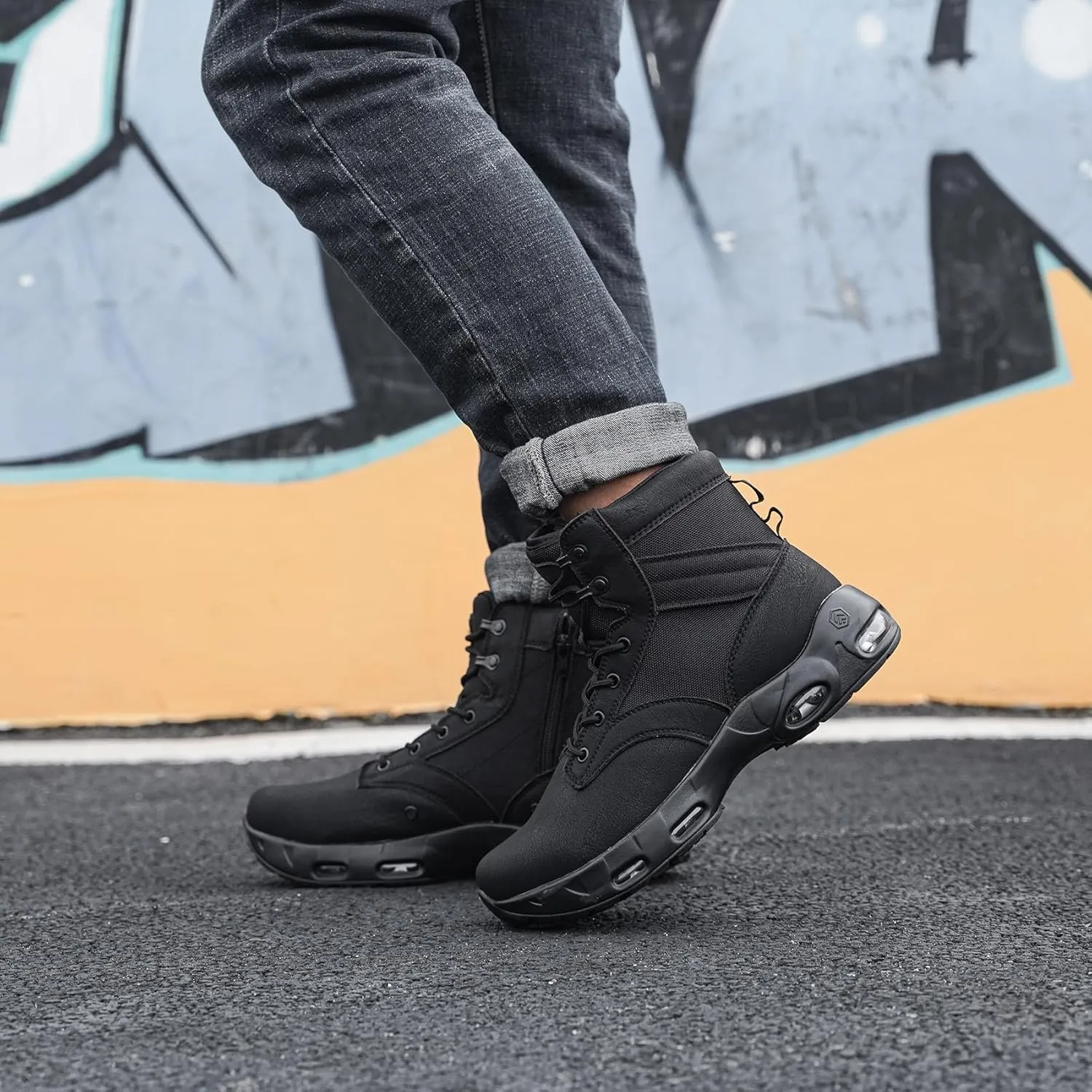 LARNMERN Non Slip Mens Boots Slip Resistant Shoes Air Cushion Side Zipper Casual Comfort Botas Militares Hombre Zapatos de Trabajo Black