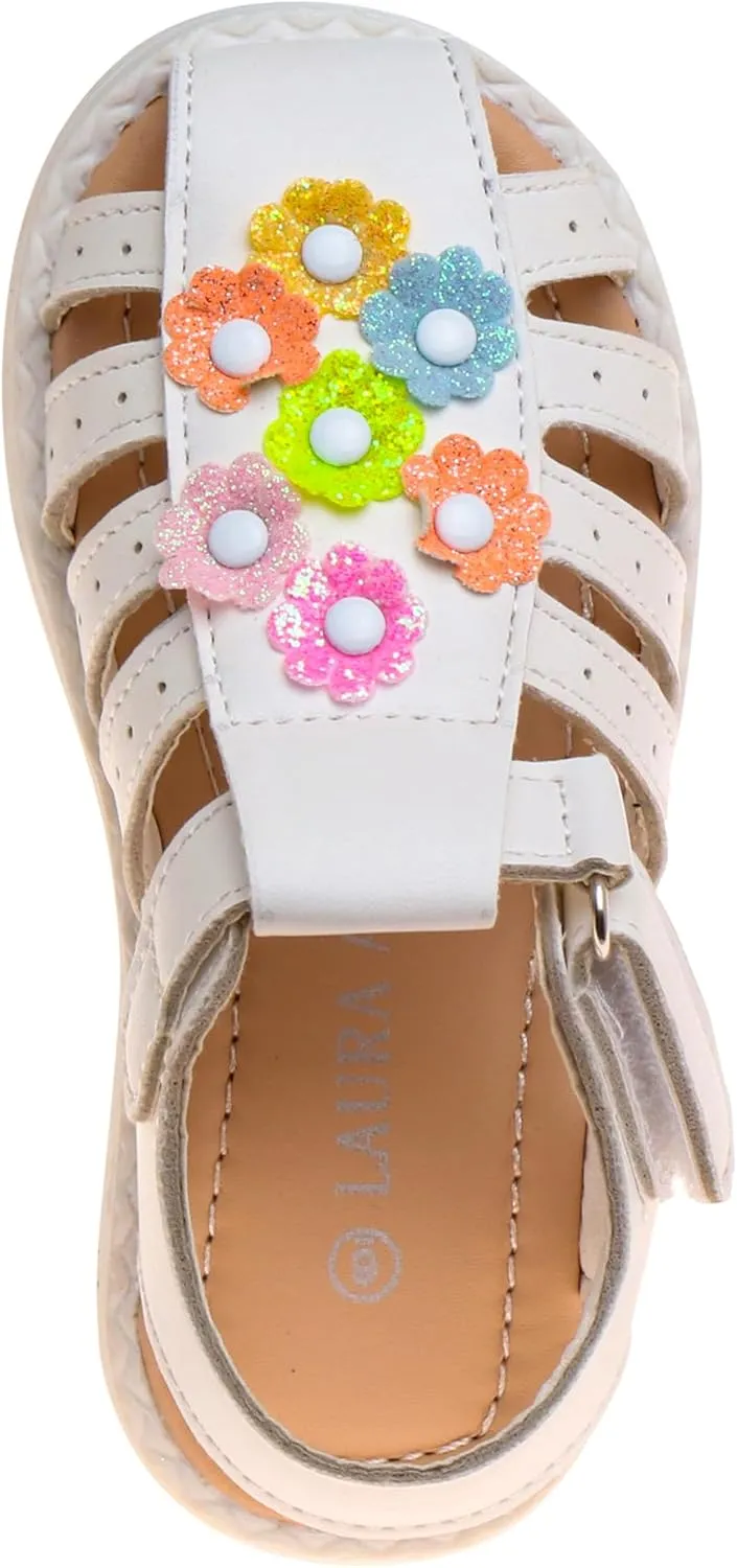 Laura Ashley Princess Girl Rainbow Sandals Summer Glitter Strap Closed Toe Sandals Flats for Girls Size 6-10 Toddler 11-12 Little Kid