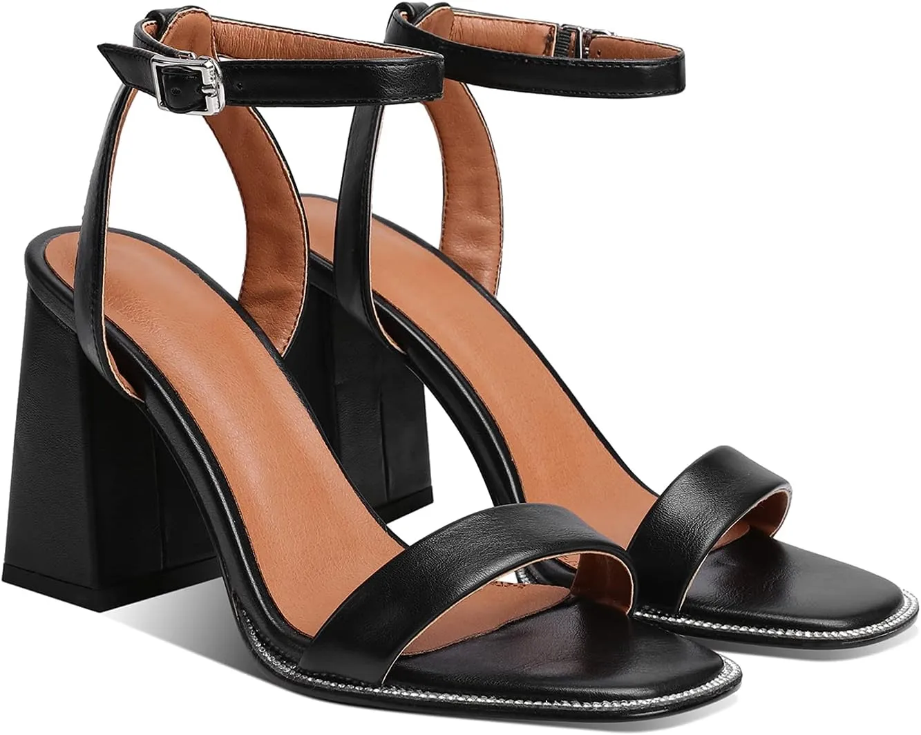 LEHOOR Chunky Heel Rhinestone Sandals Ankle Strap Round Peep Toe 3.5 Inch High Block Heel Crystal Sandals One Single Band Matte Leather Two piece Crocodile Dress Shoes for Summer Wedding Casual Sexy 4-11 M US