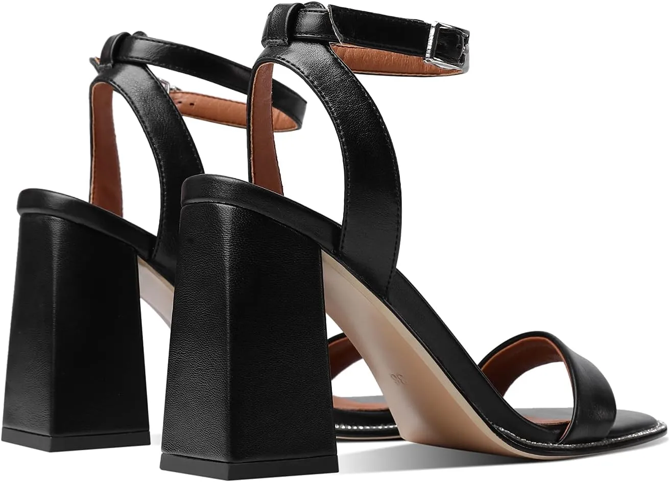 LEHOOR Chunky Heel Rhinestone Sandals Ankle Strap Round Peep Toe 3.5 Inch High Block Heel Crystal Sandals One Single Band Matte Leather Two piece Crocodile Dress Shoes for Summer Wedding Casual Sexy 4-11 M US