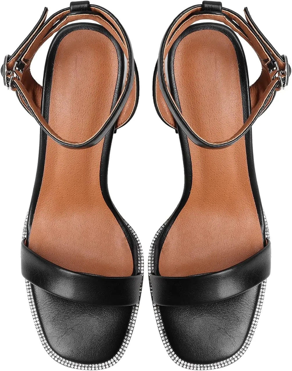 LEHOOR Chunky Heel Rhinestone Sandals Ankle Strap Round Peep Toe 3.5 Inch High Block Heel Crystal Sandals One Single Band Matte Leather Two piece Crocodile Dress Shoes for Summer Wedding Casual Sexy 4-11 M US