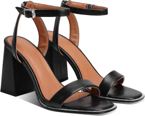 LEHOOR Chunky Heel Rhinestone Sandals Ankle Strap Round Peep Toe 3.5 Inch High Block Heel Crystal Sandals One Single Band Matte Leather Two piece Crocodile Dress Shoes for Summer Wedding Casual Sexy 4-11 M US