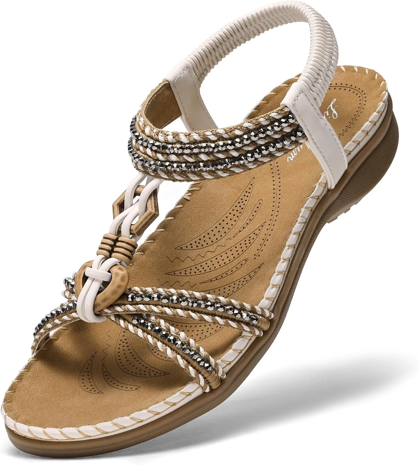 Littleplum Women Sandals Comfortable Braided Summer Flat Slides Arch Support Beach Dressy Sandals Ankle Elastic Shoes