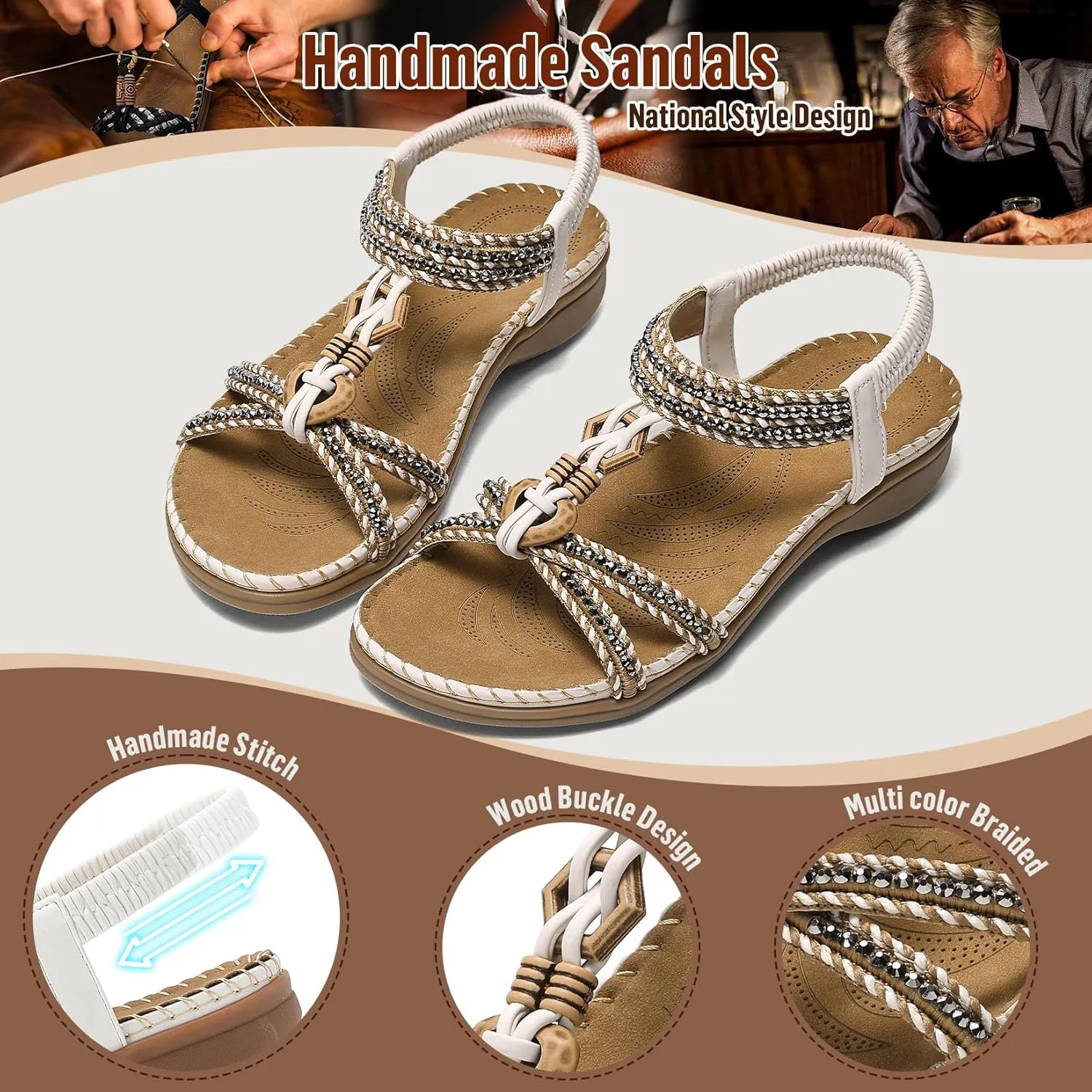 Littleplum Women Sandals Comfortable Braided Summer Flat Slides Arch Support Beach Dressy Sandals Ankle Elastic Shoes