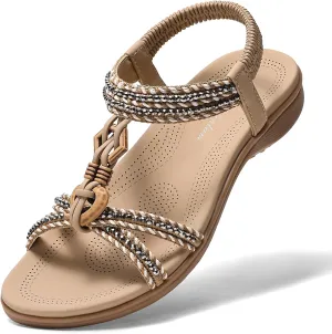 Littleplum Women Sandals Comfortable Braided Summer Flat Slides Arch Support Beach Dressy Sandals Ankle Elastic Shoes