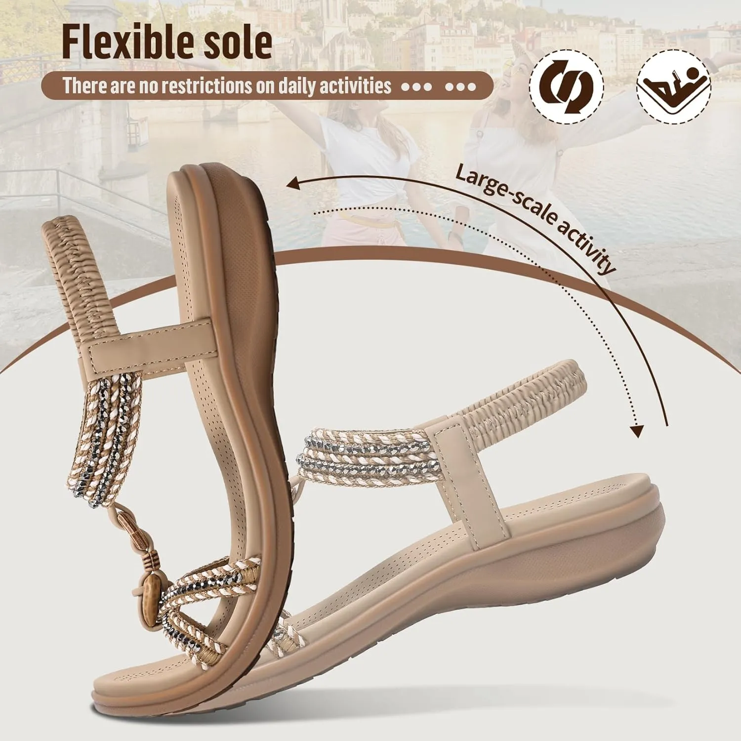 Littleplum Women Sandals Comfortable Braided Summer Flat Slides Arch Support Beach Dressy Sandals Ankle Elastic Shoes