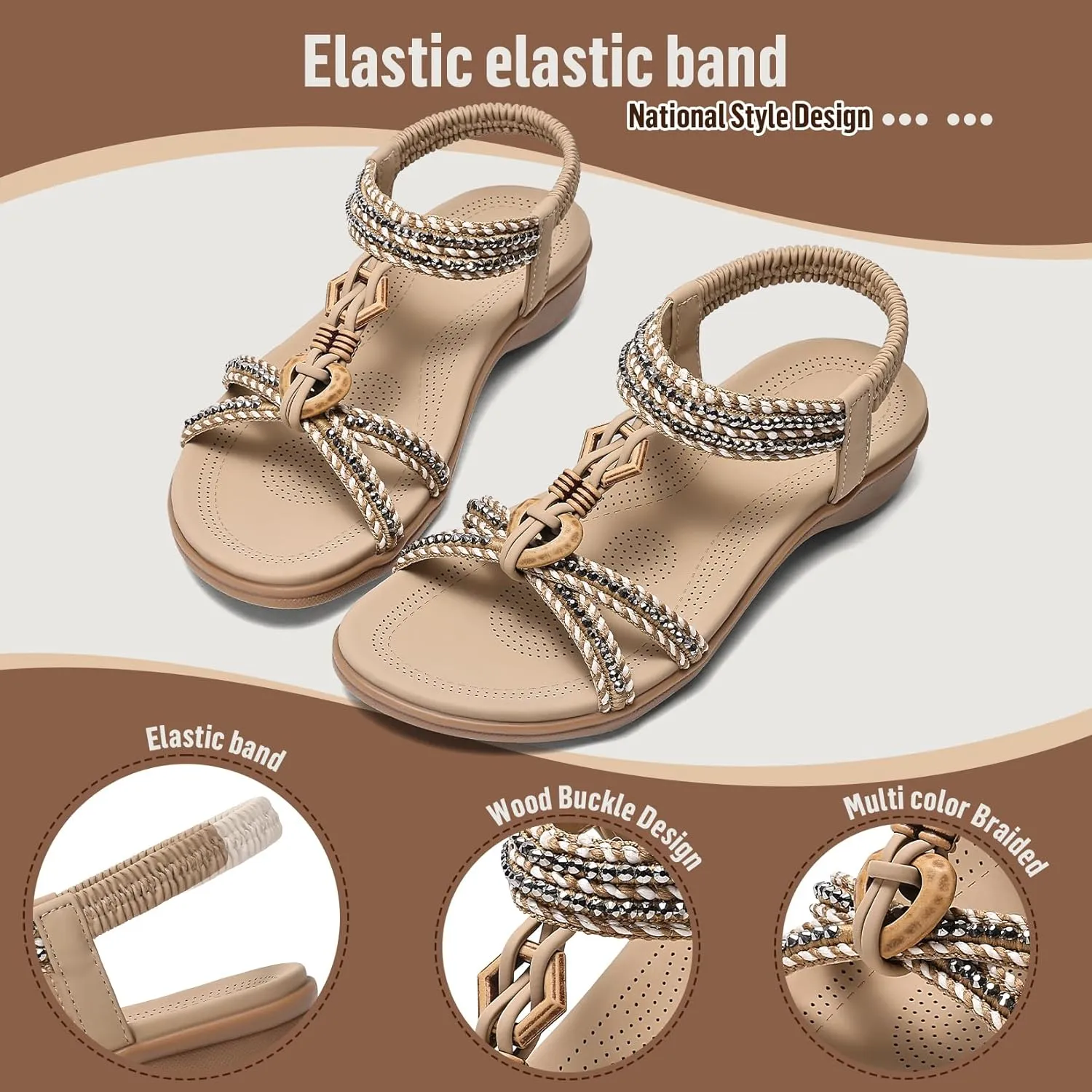 Littleplum Women Sandals Comfortable Braided Summer Flat Slides Arch Support Beach Dressy Sandals Ankle Elastic Shoes