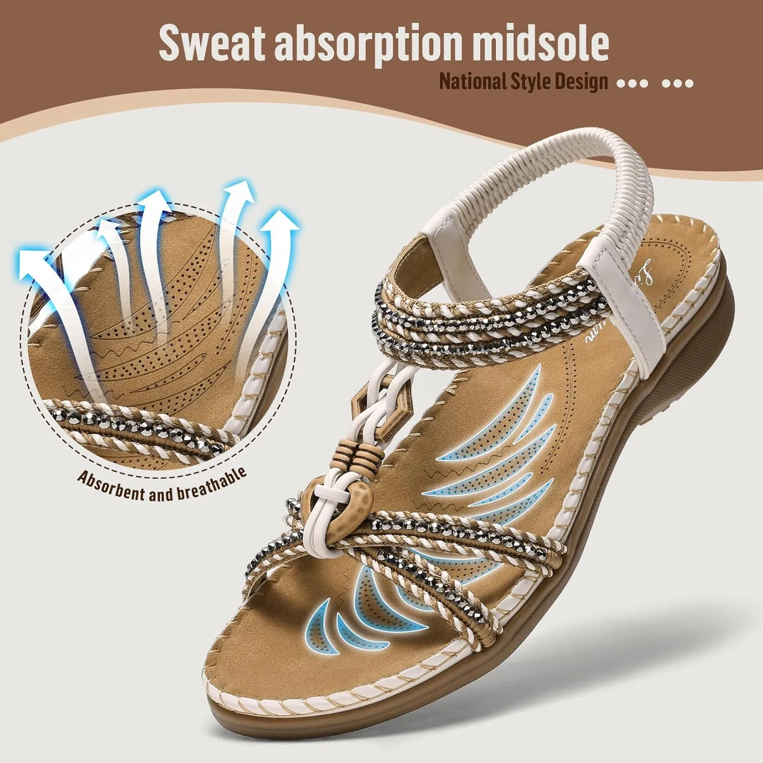 Littleplum Women Sandals Comfortable Braided Summer Flat Slides Arch Support Beach Dressy Sandals Ankle Elastic Shoes