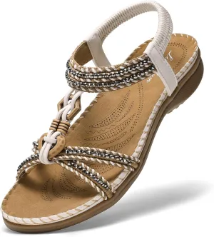 Littleplum Women Sandals Comfortable Braided Summer Flat Slides Arch Support Beach Dressy Sandals Ankle Elastic Shoes
