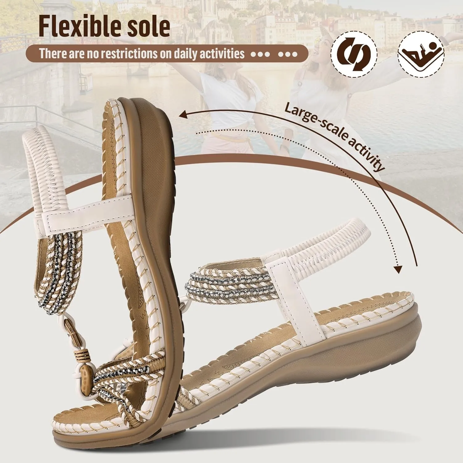 Littleplum Women Sandals Comfortable Braided Summer Flat Slides Arch Support Beach Dressy Sandals Ankle Elastic Shoes