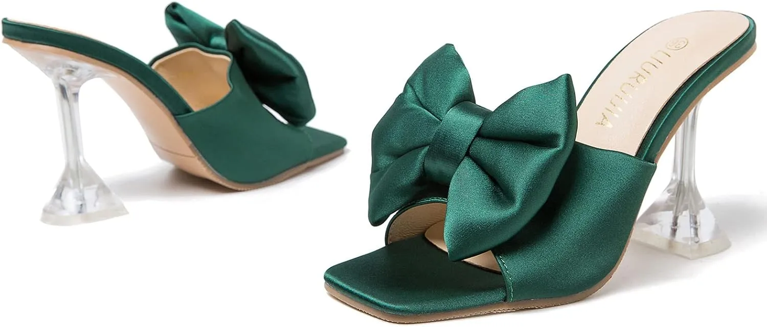 LIURUIJIA Women's Bow High Heels Mules Dress Sandals Slip On Party Prom Wedding Bridal Shoes