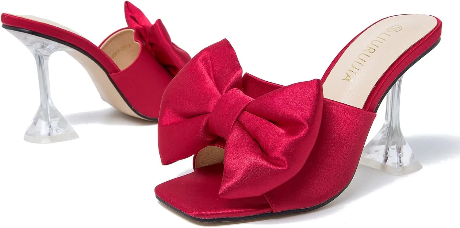 LIURUIJIA Women's Bow High Heels Mules Dress Sandals Slip On Party Prom Wedding Bridal Shoes