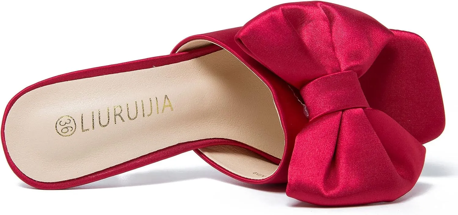 LIURUIJIA Women's Bow High Heels Mules Dress Sandals Slip On Party Prom Wedding Bridal Shoes