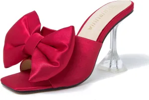 LIURUIJIA Women's Bow High Heels Mules Dress Sandals Slip On Party Prom Wedding Bridal Shoes