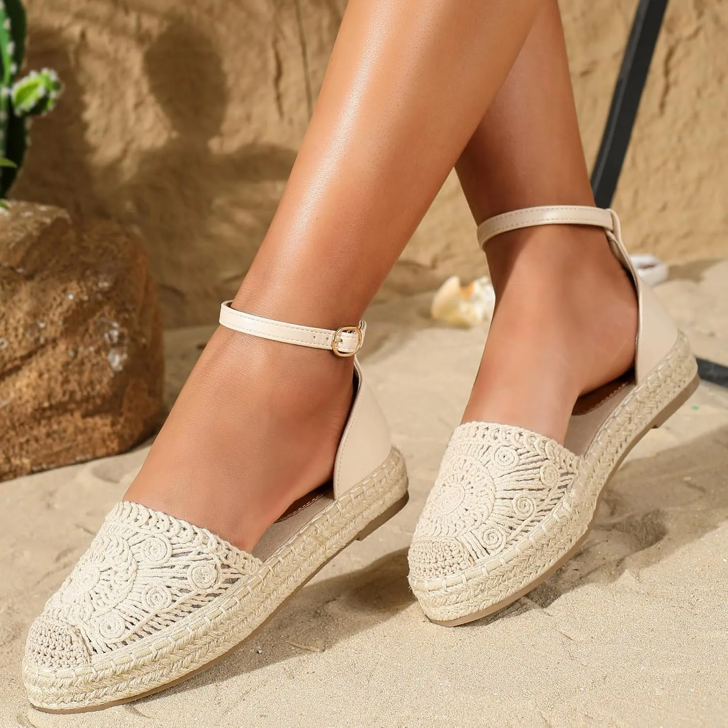 Lossarye Women's Platform Closed Toe Espadrille Sandals Adjustable Ankle Strap Comfortable Round Toe Breathable Flat Sandals for Summer Vocation Beach Dressy Shoes