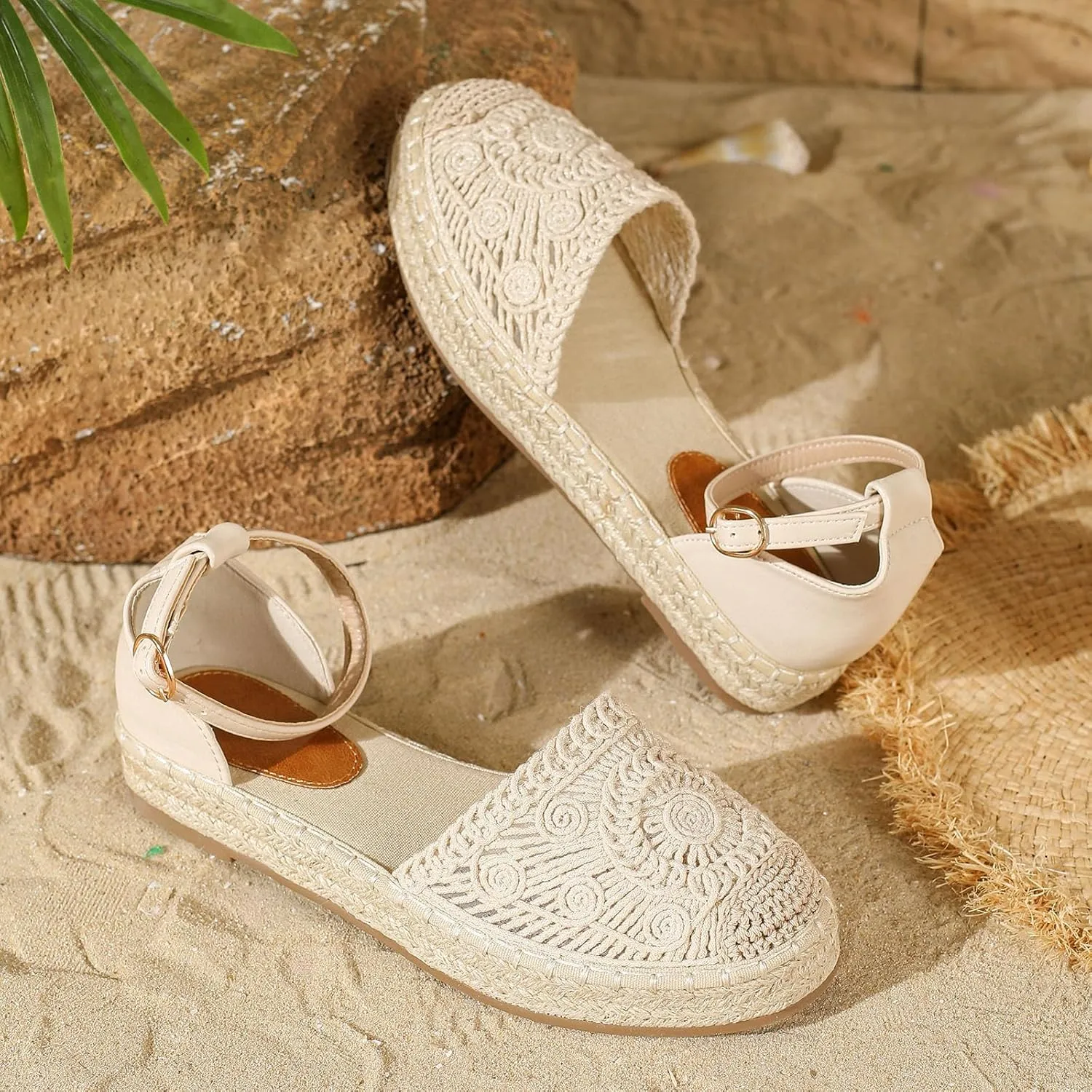 Lossarye Women's Platform Closed Toe Espadrille Sandals Adjustable Ankle Strap Comfortable Round Toe Breathable Flat Sandals for Summer Vocation Beach Dressy Shoes