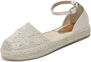 Lossarye Women's Platform Closed Toe Espadrille Sandals Adjustable Ankle Strap Comfortable Round Toe Breathable Flat Sandals for Summer Vocation Beach Dressy Shoes