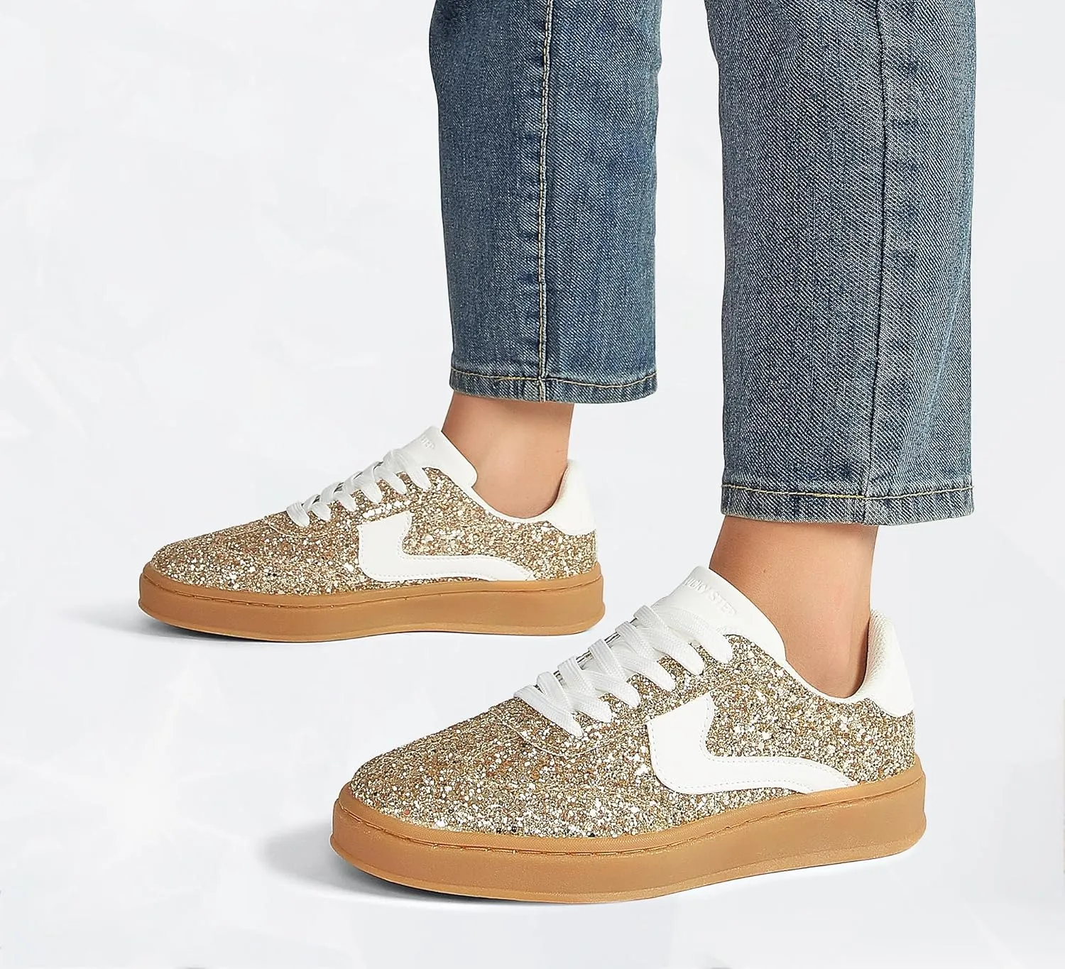 LUCKY STEP Women's Glitter Sneakers Fashion Retro Casual Sparkly Bling Shiny Dressy Bedazzled Bridal Wedding Anti Slip Walking Shoes